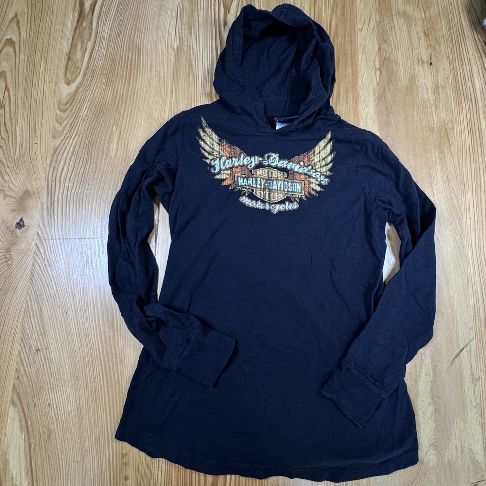 Harley Davidson Hoodie Shirt Mens L Black Long Sleeve Wings Grand Cayman Vintage